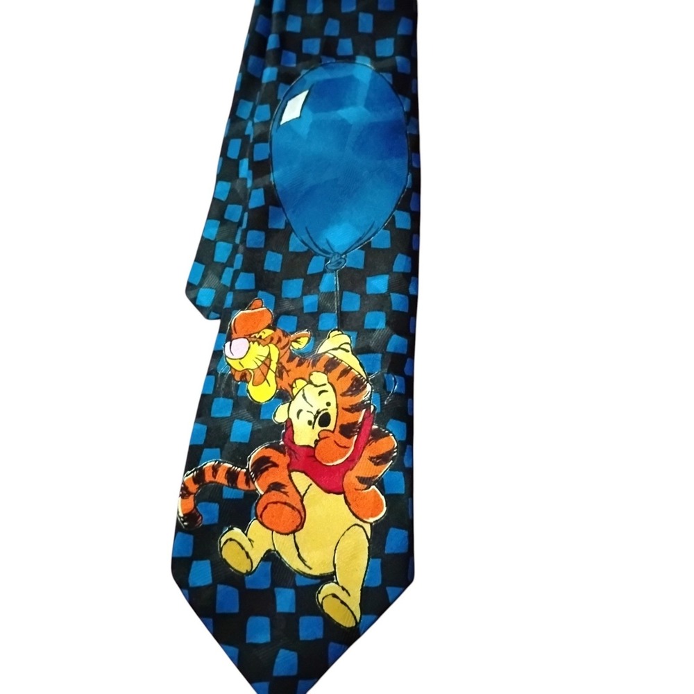 Vintage Disney Winnie the Pooh Tigger Blue Balloon Checkered Silk Feel Necktie